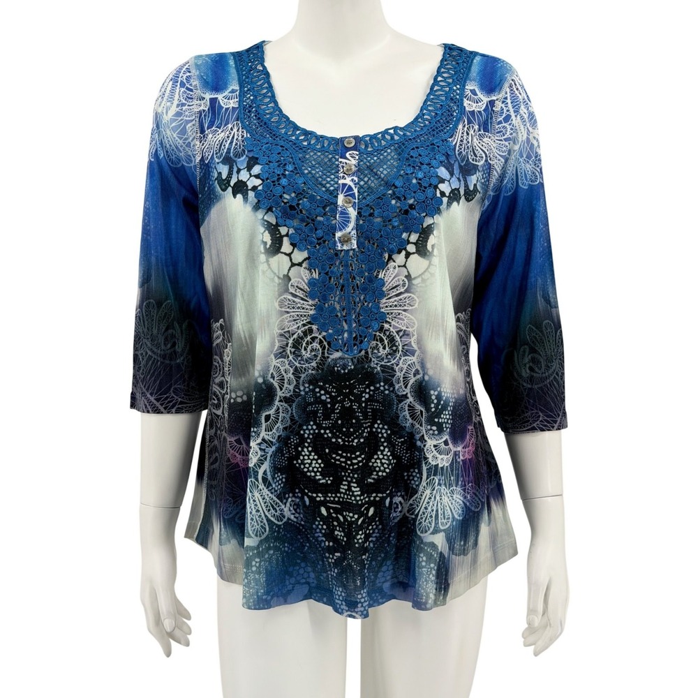 One World Top Womens 1X Blue Lace Trim Casual Artsy Boho Hippie Summer Eclectic